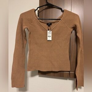 Camel V-Neck Knit Top- Express